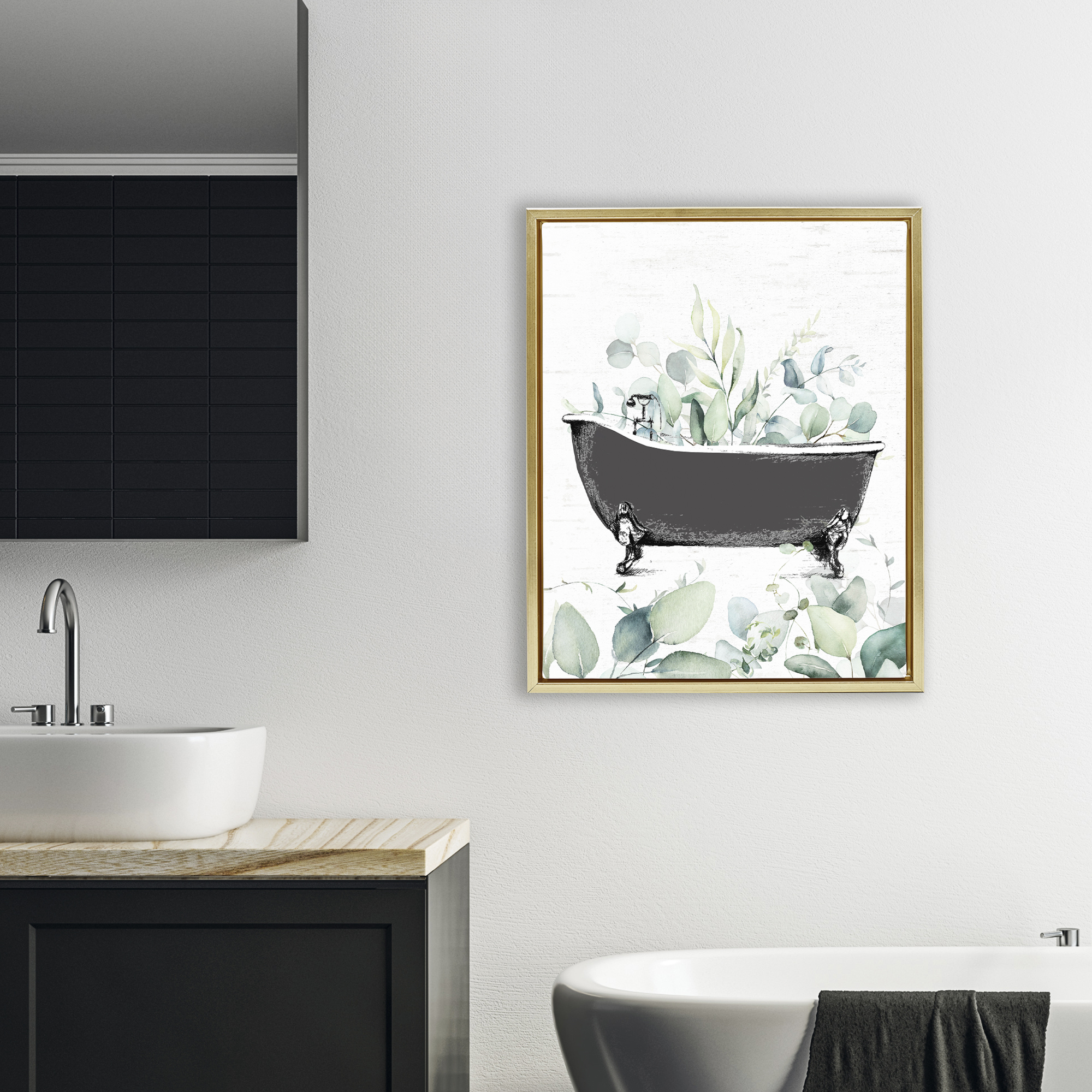 Eucalyptus Leaves Bathtub Gold Framed Floater Canvas Wall Art, design by Lettered and Lined
