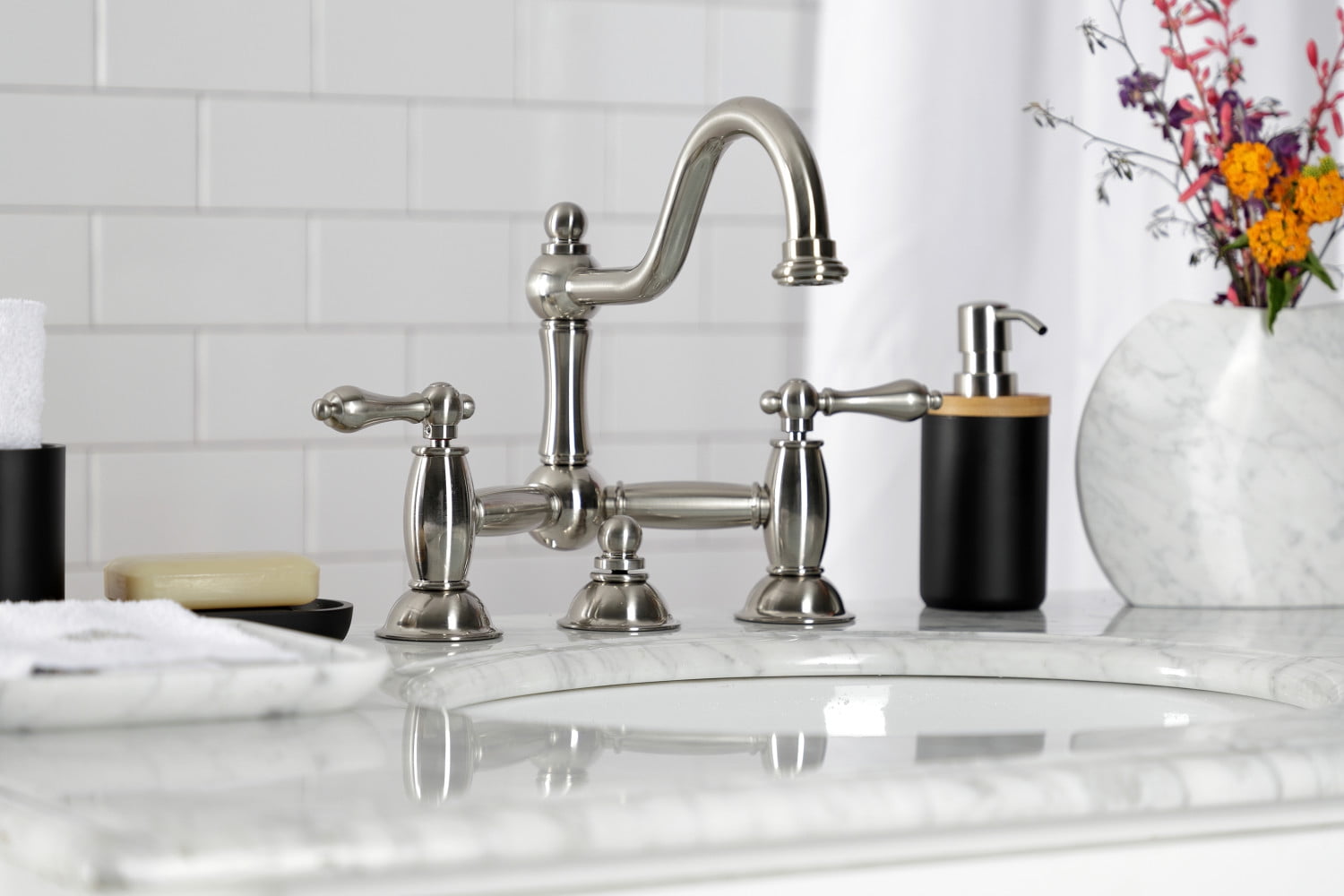 Kingston Brass KS3918AL Restoration Standard Mount Bathroom Bridge Faucet, Brushed Nickel