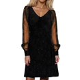thumbnail image 2 of Letdown Women's Sparkly Ruched Bodycon Mini Dress Sheer Mesh Bell Long Sleeve V Neck Short Club Party Dresses (Black,L), 2 of 5