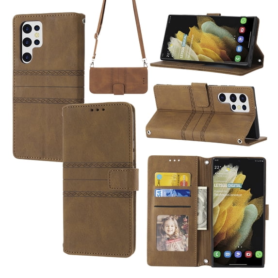 Jiahe Cover For Samsung Galaxy S23 Ultra 6.8 inch Wallet Case,Removable Adjustable Shoulder Strap Magnetic Leather with Card Holder Kickstand Case Cover,Brown