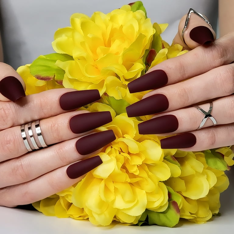 Long Matte Solid Burgundy Press On Nails