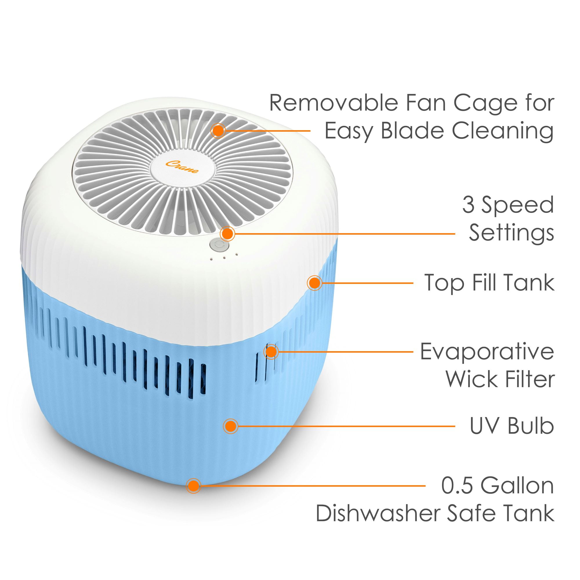 Crane Mist Free Evaporative Humidifier, 0.5 Gal Top Fill, Wick Filter, Quiet Easy Clean Air Humidifier for Bedroom, Baby Nursery & Home, Dishwasher Safe Tank, 3 Speeds, Blue/White