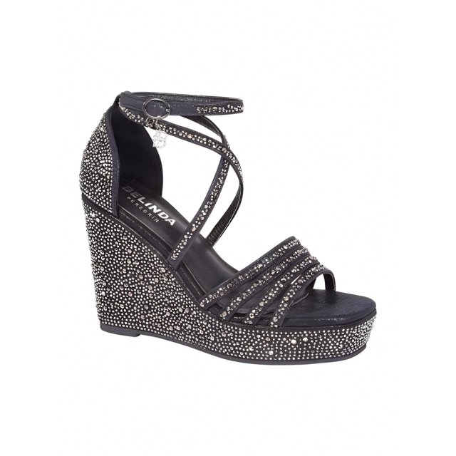 Sandalias elegantes de tacón corrido con diseño de tiras cruzadas y diamantes preciosos con correa ajustable para mujer