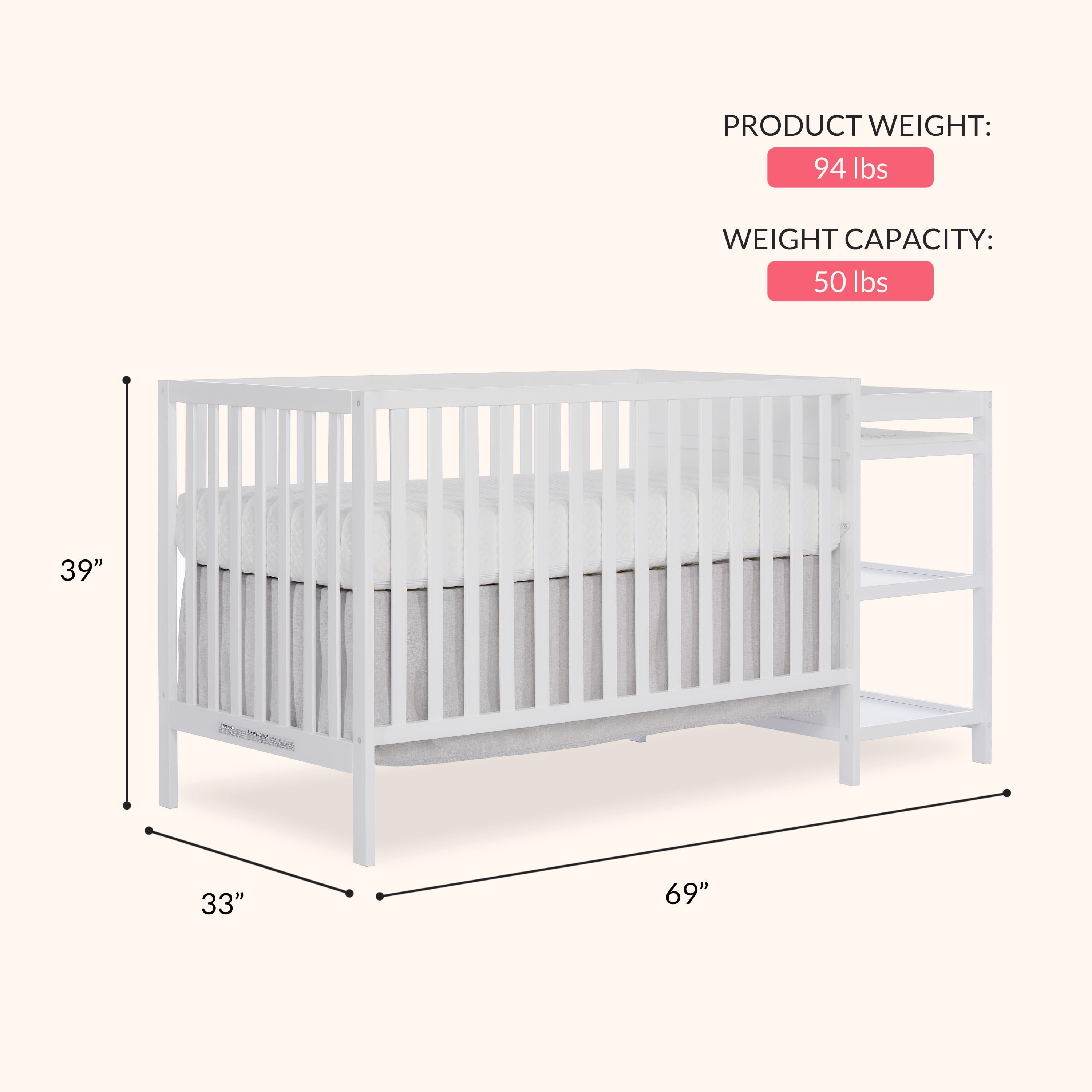 Dream On Me Synergy Convertible Baby Crib and Changer in White with Detachable Changing Table