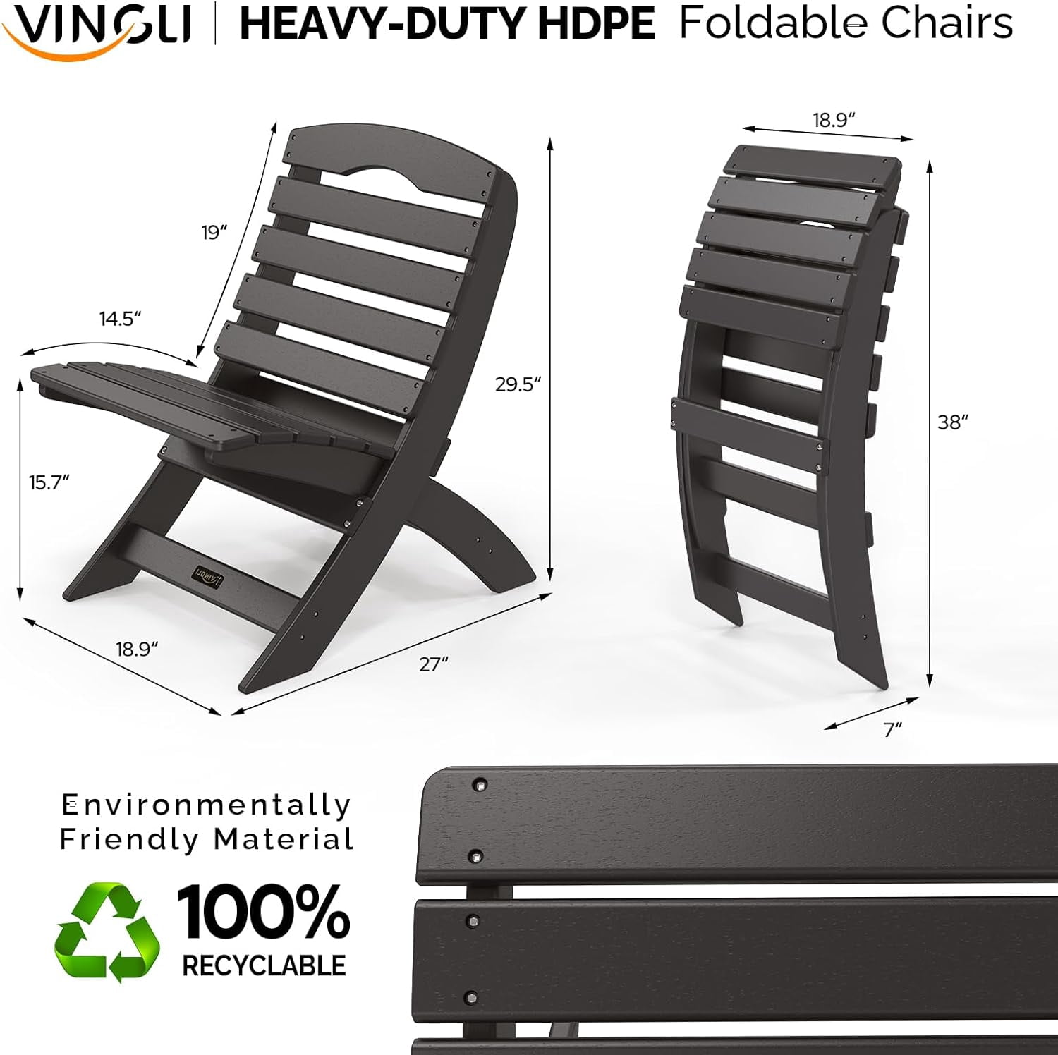 FeGemax Portable Adirondack Chairs, Folding Plastic Adirondack Chair for All Weathers, Outdoor Fire Pit Chairs for Patio Poolside Porch Beach, Capacity 350 LBS, Black