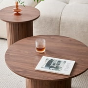 Round Nesting Coffee Tables Set of 2, Boho Wood Circle Side Table Fluted Drum for Living Room Bedroom, Apartment(Walnut)