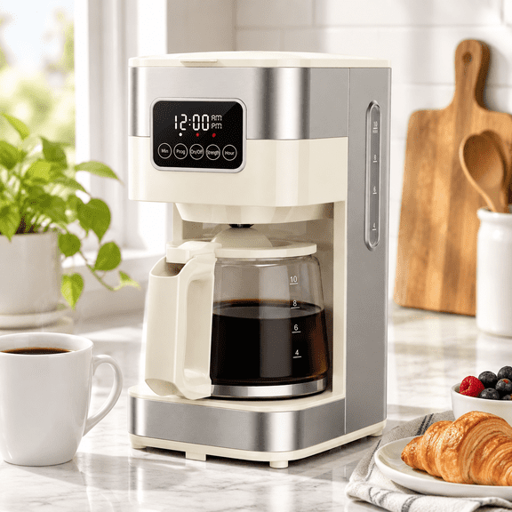 10-cup Beige Drip Coffee Maker for Home and Office with Regular and Strong Brew Settings