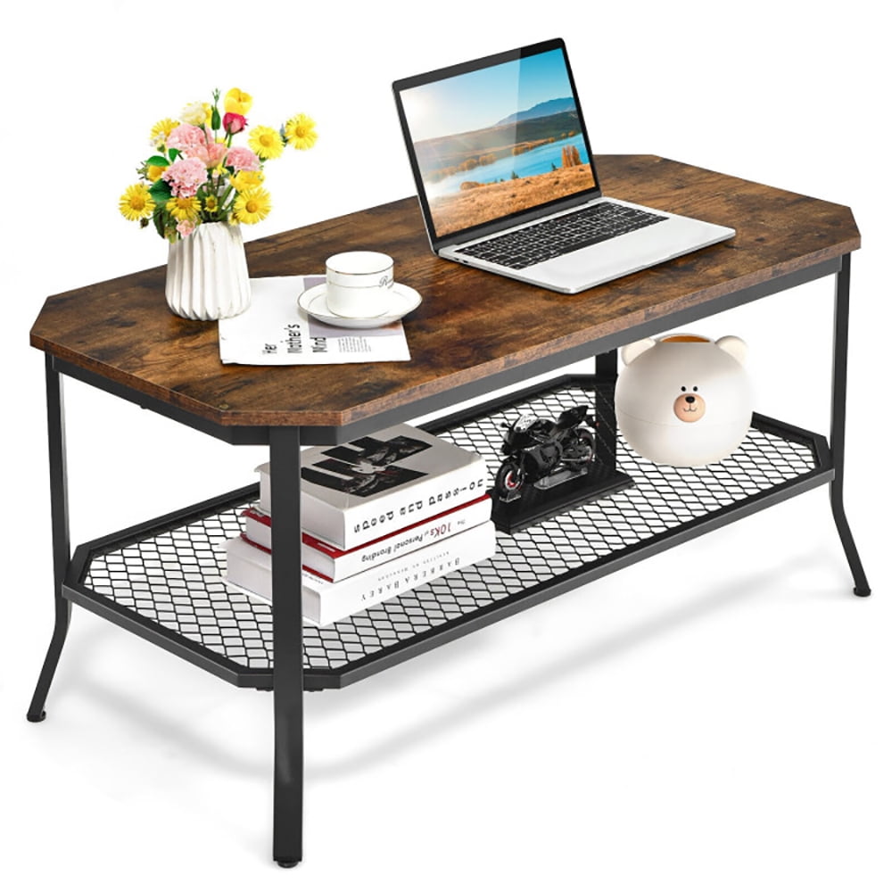 Finihen Rectangular Coffee Table, 2-Tier Cocktail Table, 2-Tier Industrial Coffee Table with Open Mesh Storage Shelf, for Living Room, Reception Room, Rustic Brown Finihen Rectangular Coffee Table, 2-Tier Cocktail Table, 2-Tier Industrial Coffee Table with Open Mesh Storage Shelf, for Living Room, Reception Room, Rustic Brown