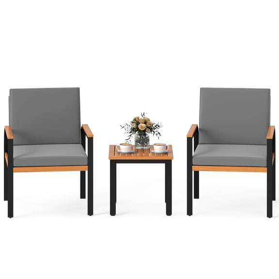 Gymax 3 Pieces Patio Furniture Set Outdoor Bistro Conversation Set w/ Acacia Wood Side Table