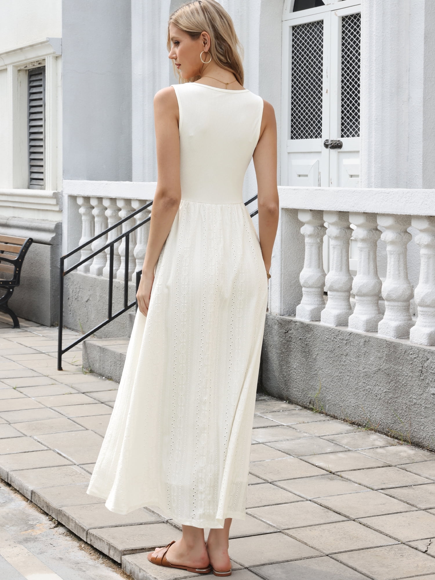 DARING DIVA Women's Square Neck Sleeveless Casual Beach Flare Maxi Dress M White