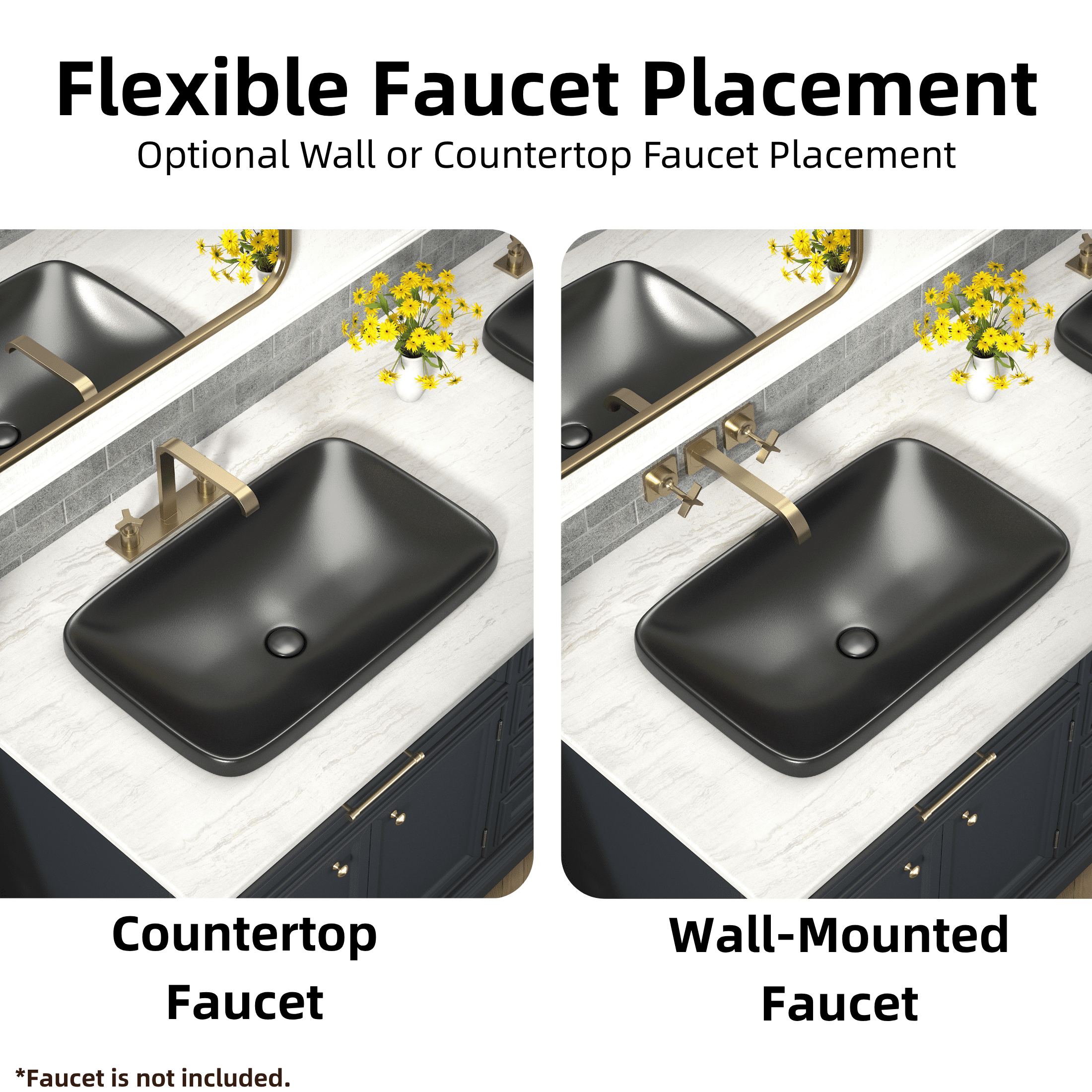 Los Flexi 24"x15" Matte Black Rectangle Semi-Recessed Bathroom Sink with Pop-Up Drain, No Overflow