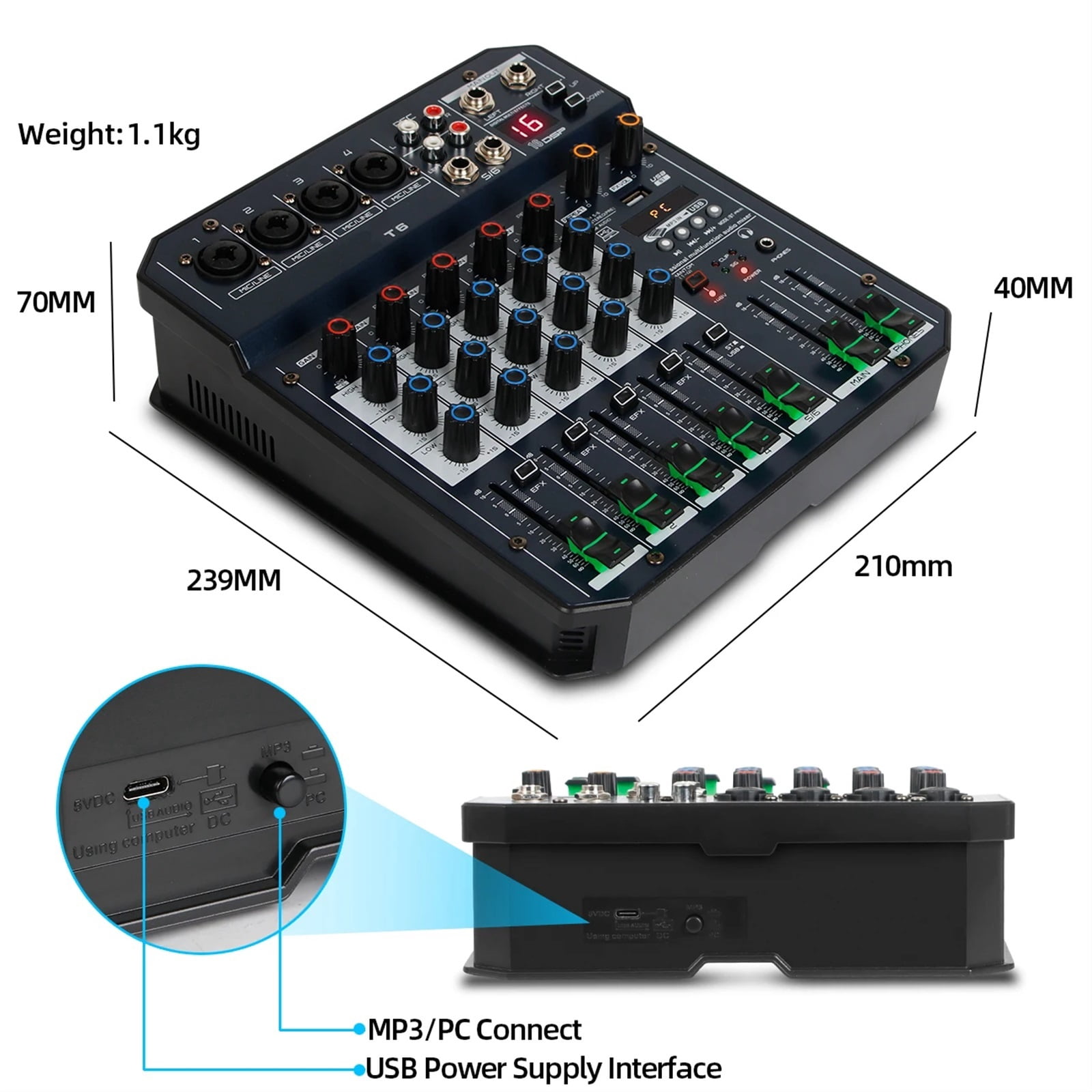 Sound Table T6 Au-dio Mixer 6-Channel Sound Card Processor 16DSP Sound Controller Interface for PC Recording Streaming