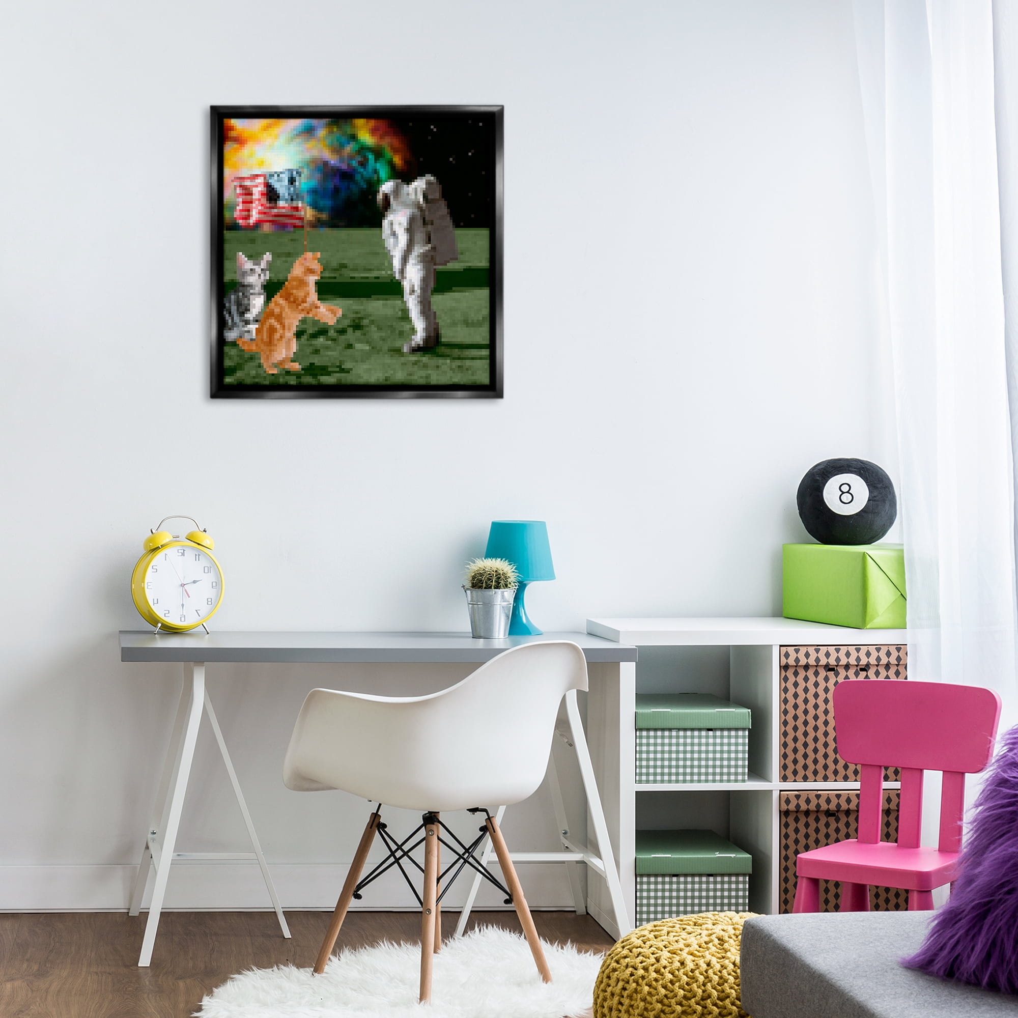 Stupell Industries Pixel Cats & Astronaut Novelty & Humor Painting Black Floater Framed Canvas Art Print Wall Art, 25 x 25