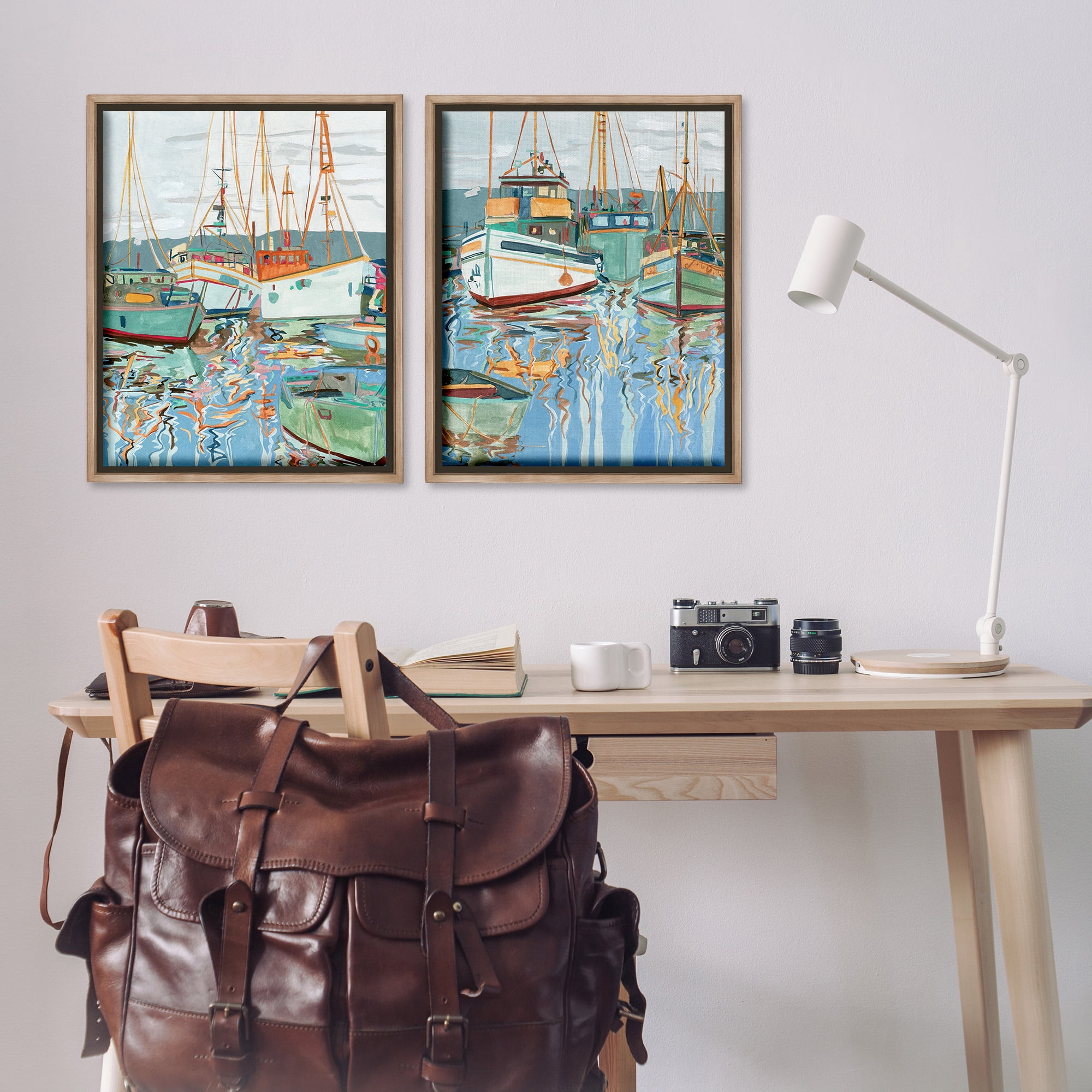 Stupell Industries Marina Ships Reflection Transportation Painting Brown Floater Framed Canvas Art Print Wall Art, 25 x 31, Set of 2