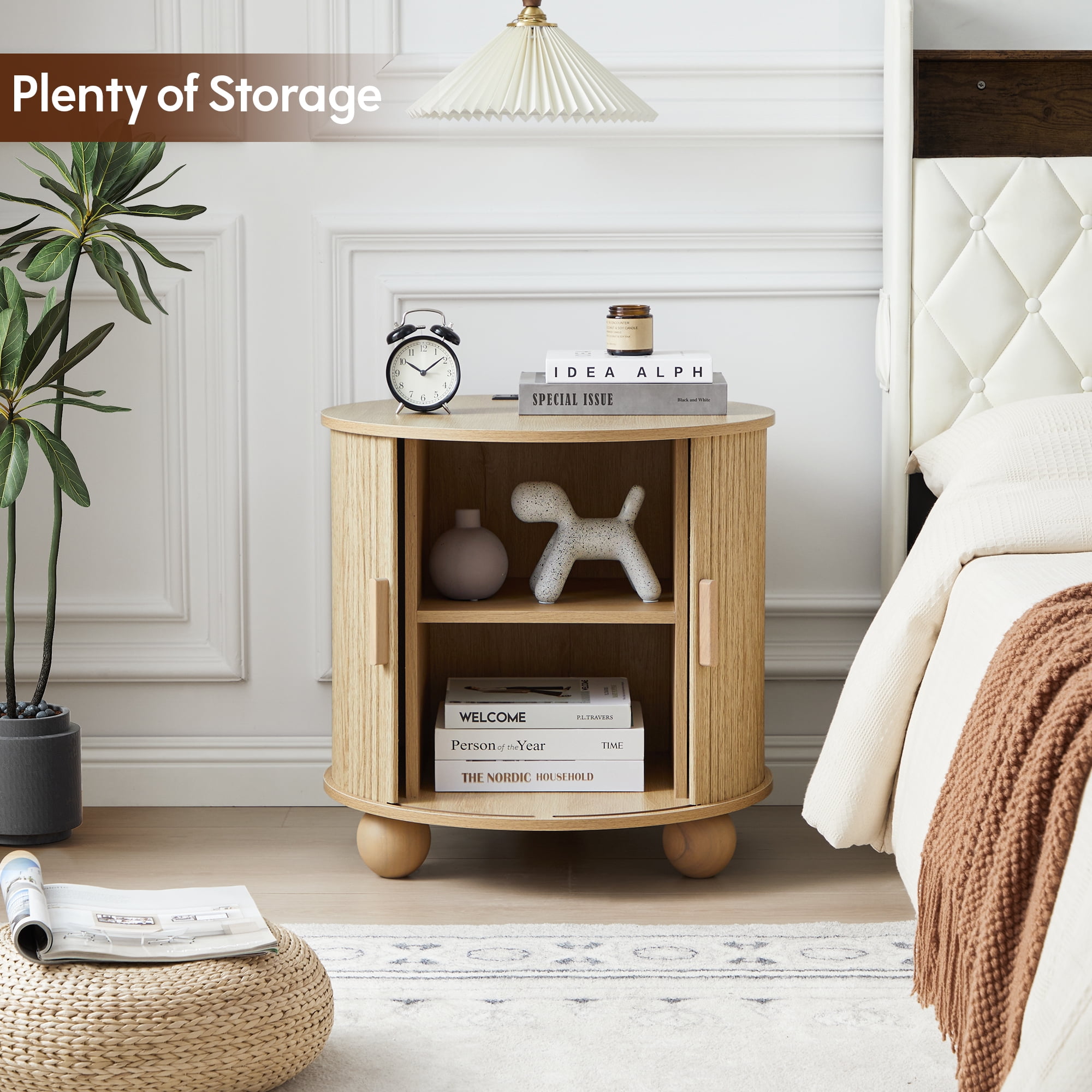 Wirrytor Side Table with Charging Station, The Table Behind the Sofa with Storage Space and Sliding Door, Bedside Table Accent Cabinet for Living Room, Bedroom, Entryway (Oak)