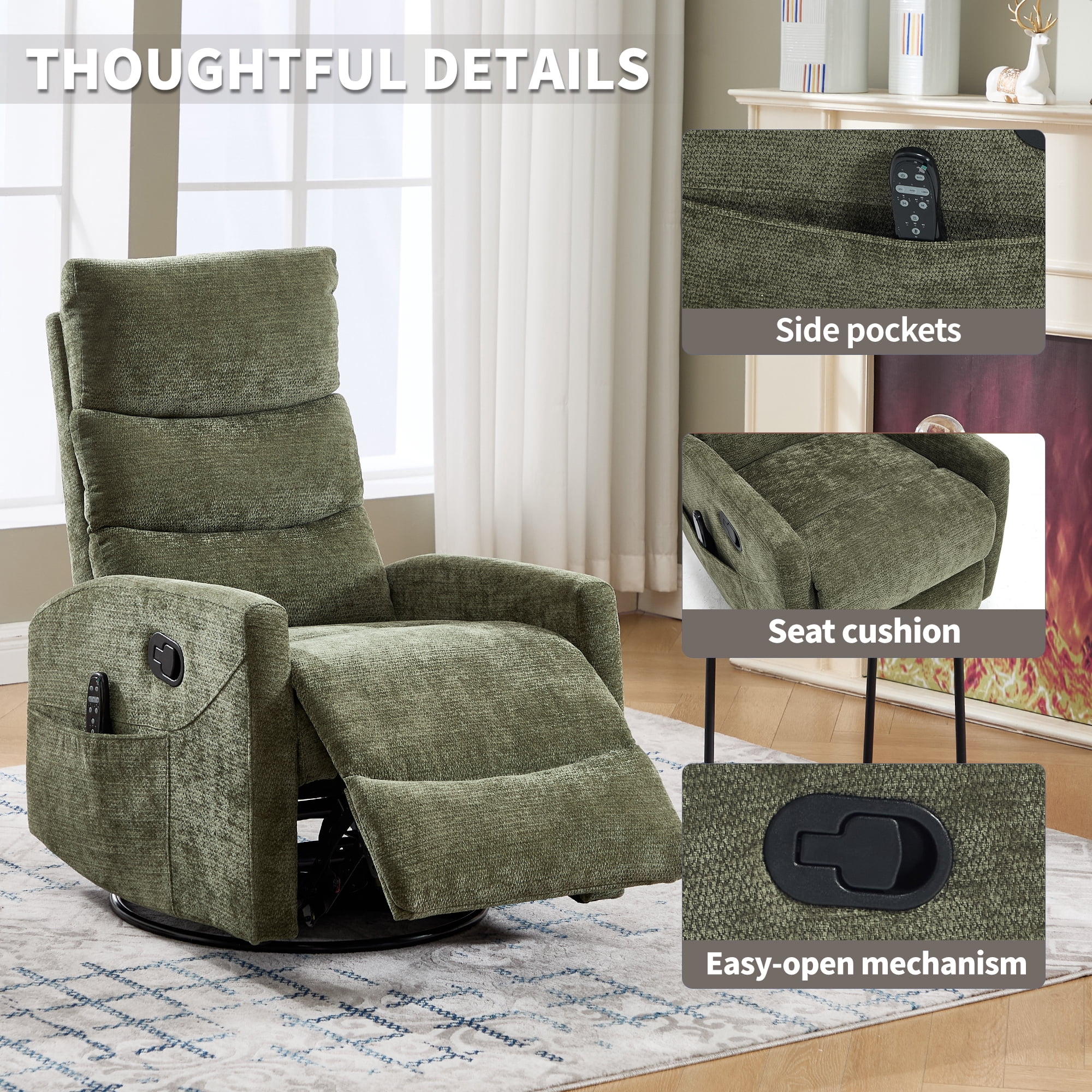 Aukfa 360° Swivel Recliner Rocking Chair with Massage and Heat for Living Room & Nursery, Chenille, Green