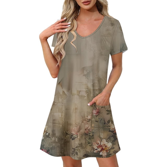 Vestido Corto de Verano Moda Gradiente Corto de Manga en V Cuello Vestido Casual, Poliéster Ligero de Verano, Lavado de Manos