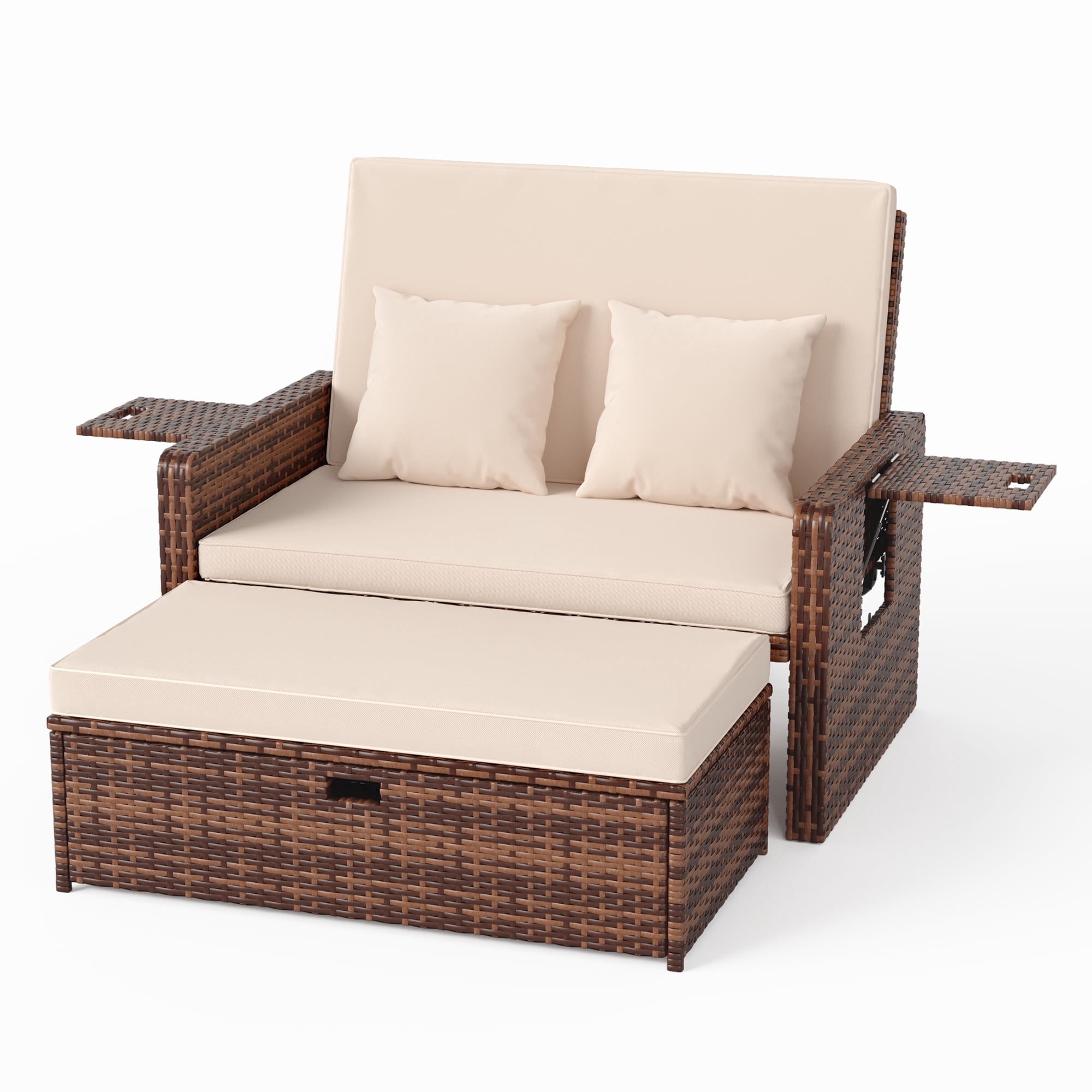 POTEBAN Wicker Outdoor Daybed-Outdoor Loveseat with Storage Ottoman, 4-Level Adjustable Backrest & Cushions for Balcony, Garden, Poolside (Beige)