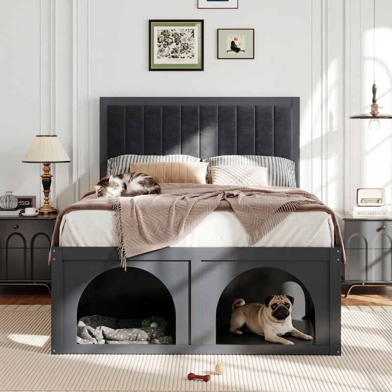 Full Size Pet-Friendly Platform Bed with Under-Bed Pet Nooks, Heavy Duty Wooden Storage Bed Frame with Padded Headboard