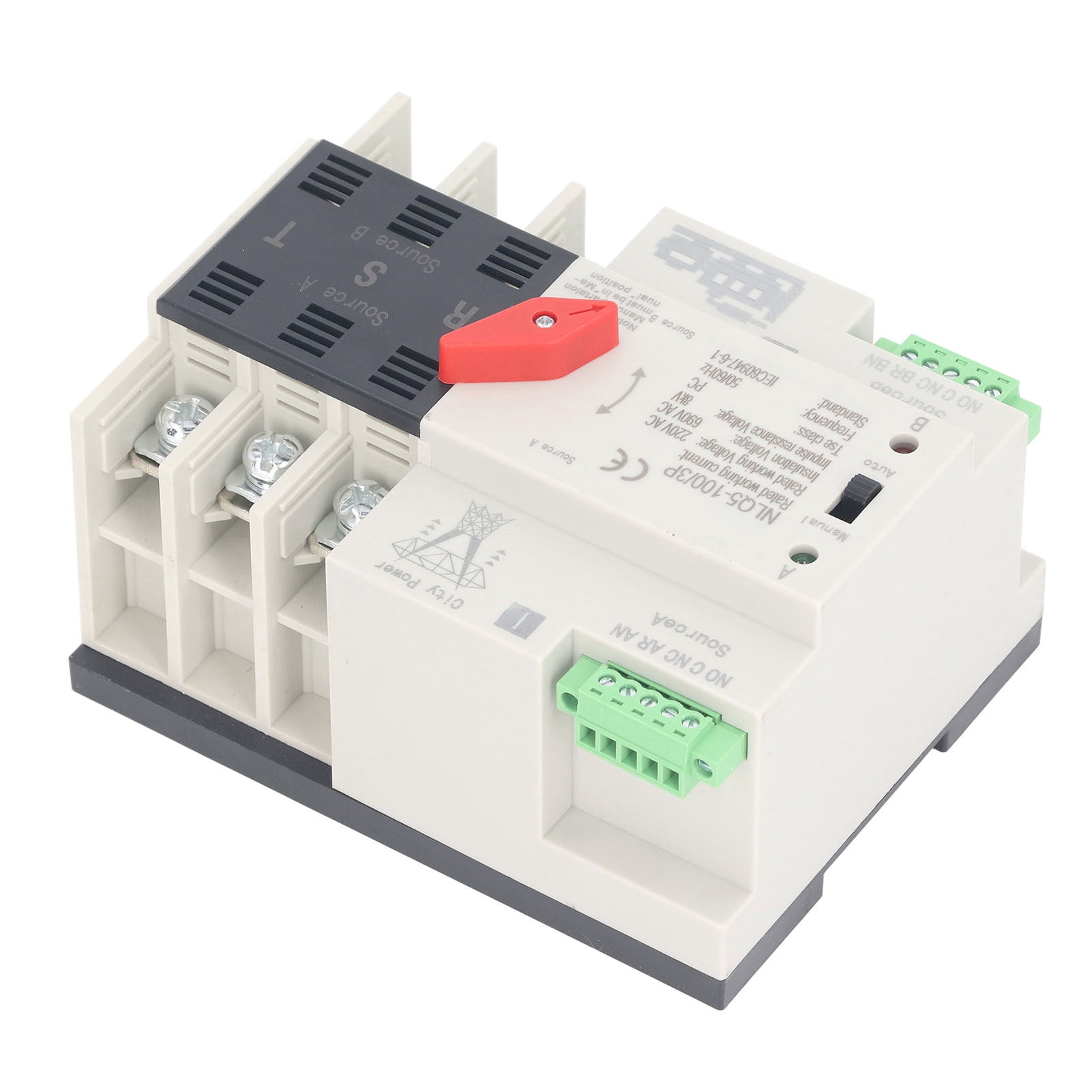 Transfer Switch, Dual Power Automatic Transfer Switch 3P Millisecond Fast Switching Timing Controller AC220V Rail Type ATS Mains to Motor (63A)