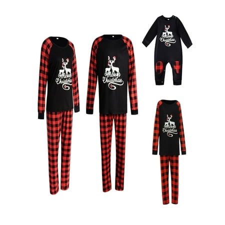 

Christmas Family Pajamas Set Letter Print Long Sleeve O-neck T-shirt+Plaid Print Trousers/Romper