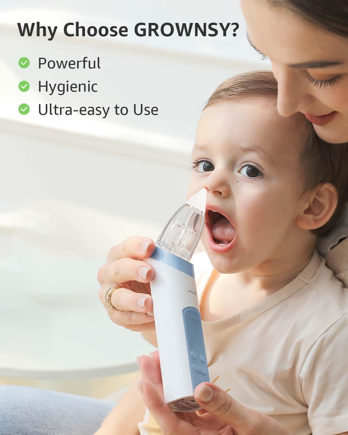 Grownsy Baby Nose Sucker with 3 Silicone Tips, 3 Suctions, Music and Light Soothing Function Blue
