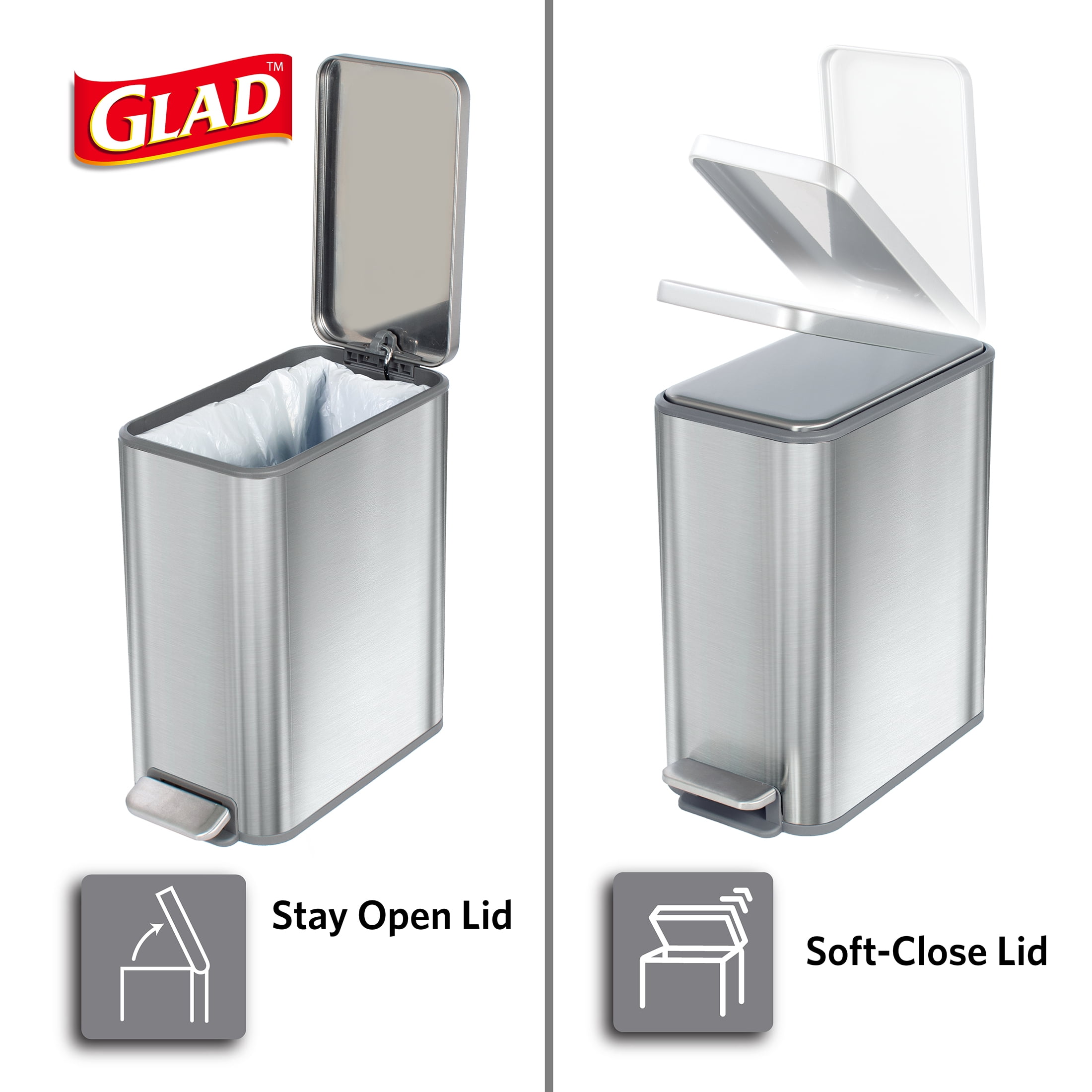 Glad 2.6 Gallon Slim Stainless Steel Step Garbage Bin with Odor Control- Silver