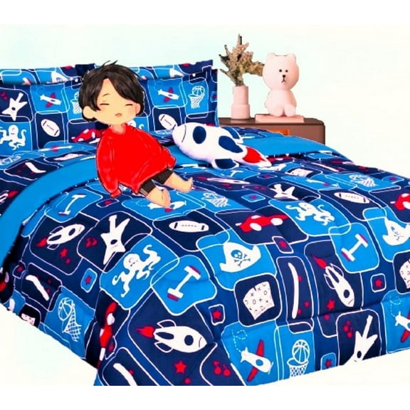 Bedding Set Twin 6pc Toy Rocket Complete Bed in Bag Comforter with Plushie Toy Friend and Matching Sheet Set Bedroom Decor.