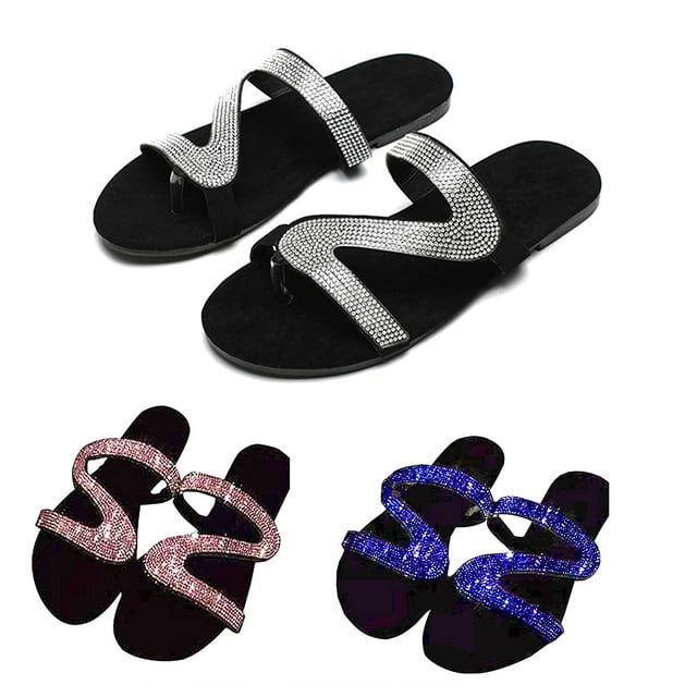 HEVIRGO Femmes Mode Strass Incrusté Antidérapant Sandales Pantoufles Tongs Chaussures Plates