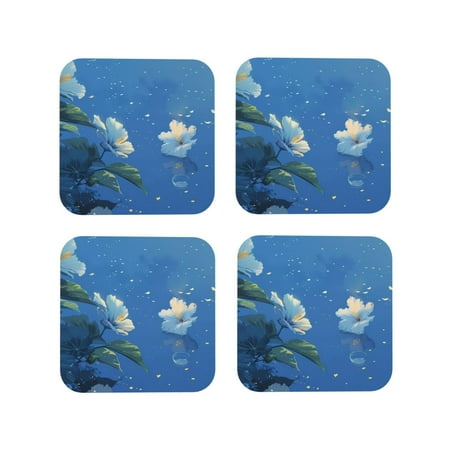 

Coasters Set of 4 - Hibiscus Flowers Calm Water Drink Coasters for Tabletop Protection Leather Coasters for Living Room Decor and Housewarming Gift Square