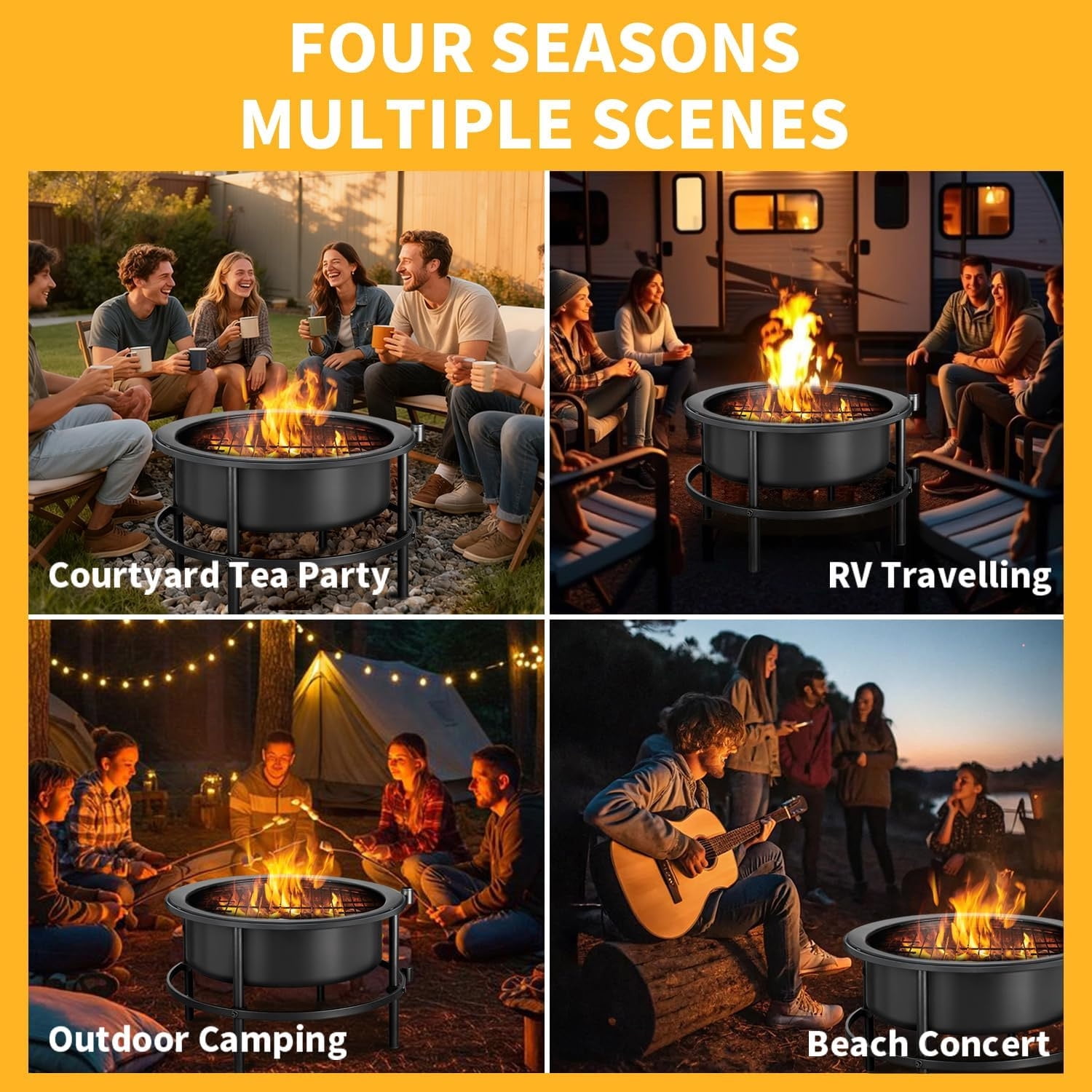 3-in-1 Fire Pits for Outside, 54" Wood Burning Fire Pit Tables, Cold-Rolled Steel Fire Pit with Poker, BBQ Net, Grill Brush and Cover, Backyard Patio Garden Outdoor Fire Pit/BBQ Fire Pit, Black
