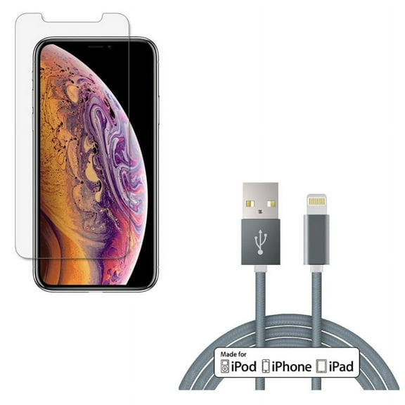 iPhone XS/X - Anti-Glare Screen Protector w 10ft MFi USB Cable - Tempered Glass Matte 3D Curved Edge Anti-Fingerprint Case Friendly, Certified Charger Cord Power Wire Braided Long