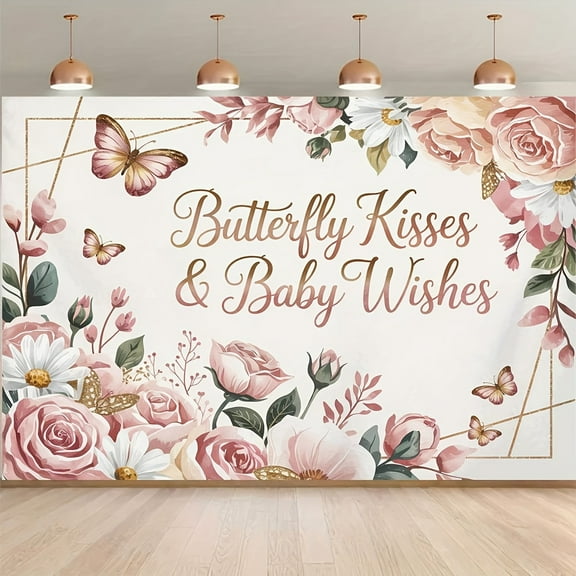 Butterfly Kisses and Baby Wishes Backdrop Pink Golden Butterfly Baby Shower Photography Background for Girls Pink Roses White Daisy Birthday Party Decorations Banner Supplies Photo Booth Props