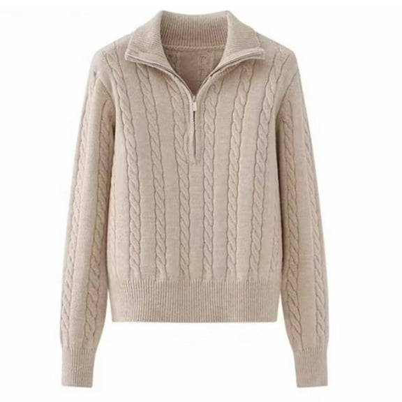 Women's Sweaters Womens Fall Tops Notched Collar Zip Front Knit Sweater Pullover Long Sleeve Casual Loose Fit Solid Color Top for Autumn Winter