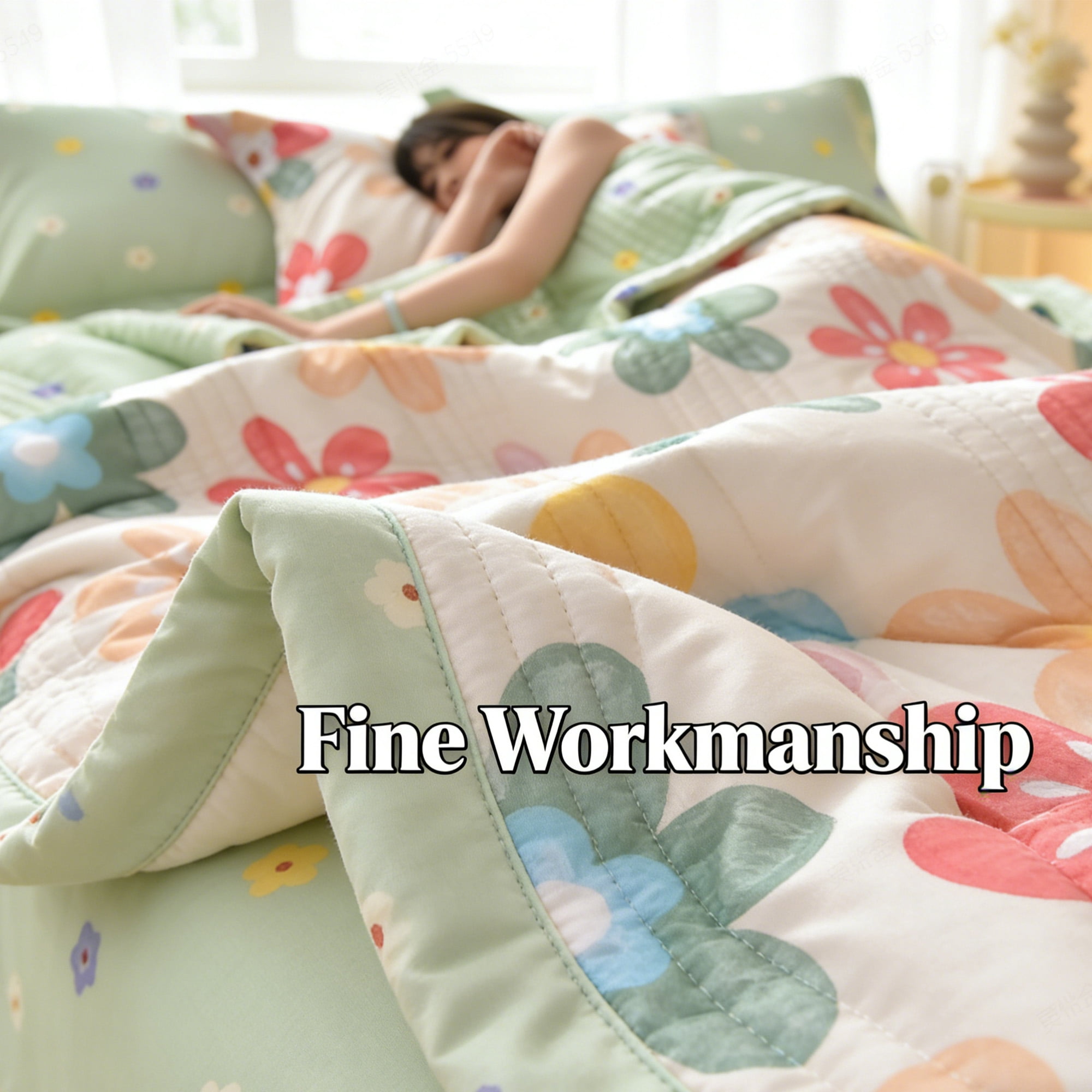 Oaskys Cartoon Flower Pattern Thin Quilt – Breathable Lightweight quilt with Cute Floral Design, Double-sided blanket for Girls, Toddlers & Teen