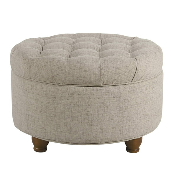 HomePop Large Button Tufted Round Storage Ottoman, Light Tan