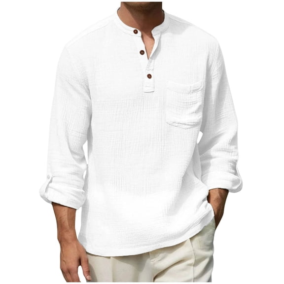SHTXOZHI Linen Sport Tops for Men Adjustable Long Sleeve Henley Neck Tees Solid Color Breathable Workout T-Shirts