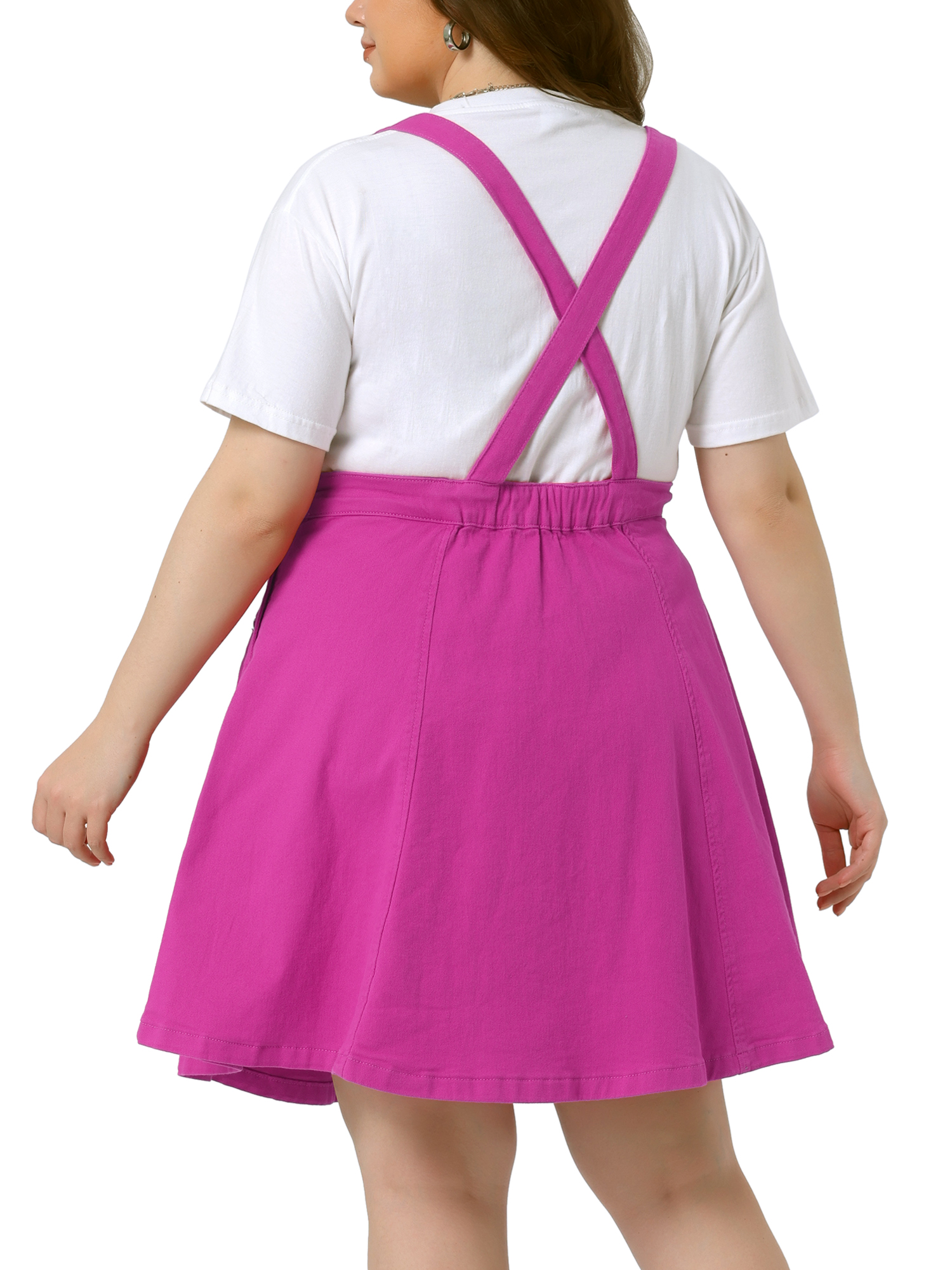 Unique Bargains Women's Plus Size Adjustable Straps Pockets Denim Dress 4X Hot Pink