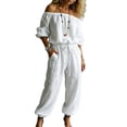 thumbnail image 5 of BESEW7 Off Shoulder Jumpsuits for Women, Summer Casual Loose Rompers with Pockets Roll Up Sleeve Elastic Waist for Daily Beach Vacation White S, 5 of 7