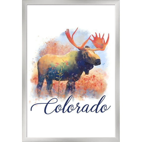 Colorado - Moose - Watercolor - Lantern Press Artwork (24x36 Giclee Art Print, Gallery Framed, Silver Wood)