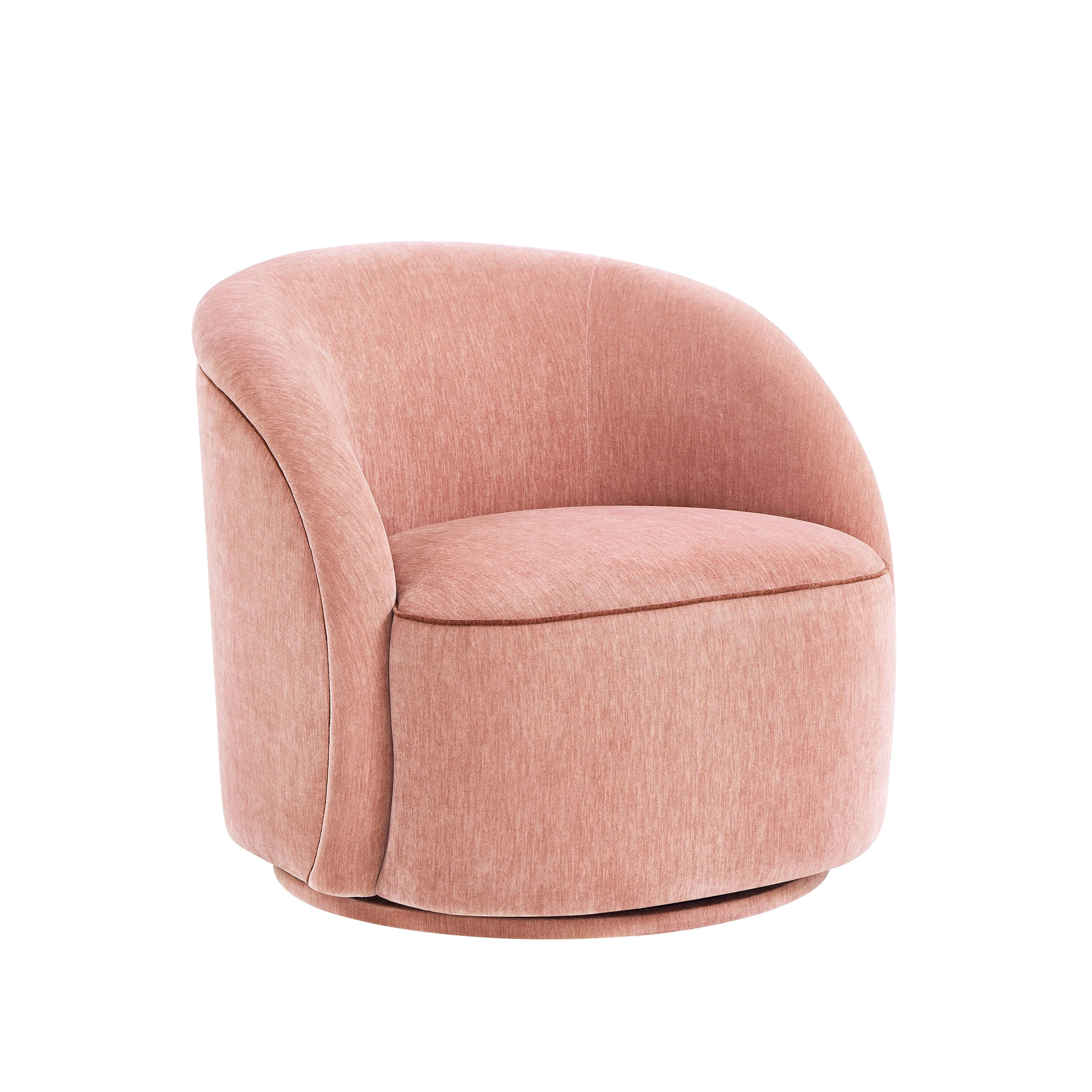 Beautiful Georgiana Swivel Chair by Drew Barrymore, Rose Pink with Faux Leather Rust Piping