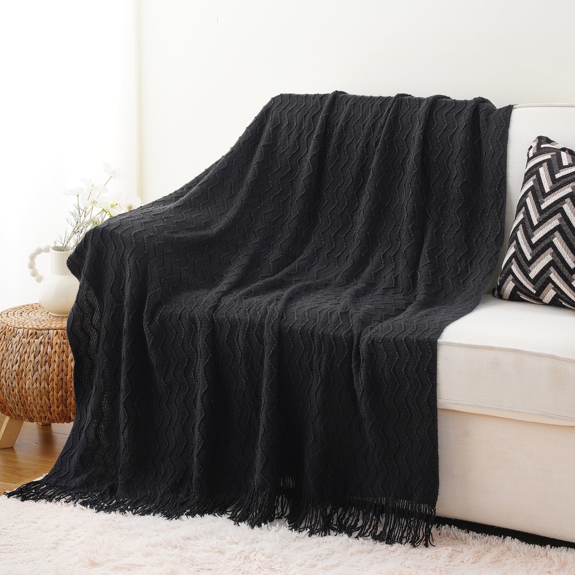 Battilo Black Knit Throw Blanket, Boho Decorative Blanket for Bed, Sofa, Living Room,50"x60"