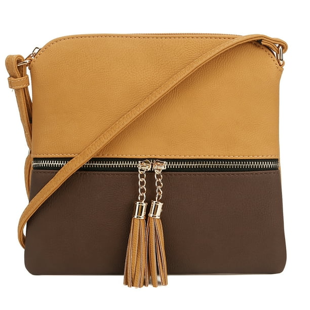 Lightweight Colorblock Medium Crossbody Bag with TasselMustard/Coffee