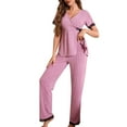 thumbnail image 2 of PNTUTB Women's Summer Fashion Lace Trimmed V Neck Slit Short Sleeve Top and Pants Comfortable Pajama Set, 2 of 6