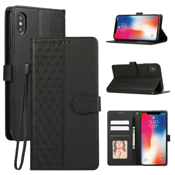 Designed for iPhone X/XS Wallet Case, Classic Women Flip Folio Cover with Embossed PU Leather Stand Card Holder Slots Magnetic Detachable Wrist Strap for iPhone X/XS, Black