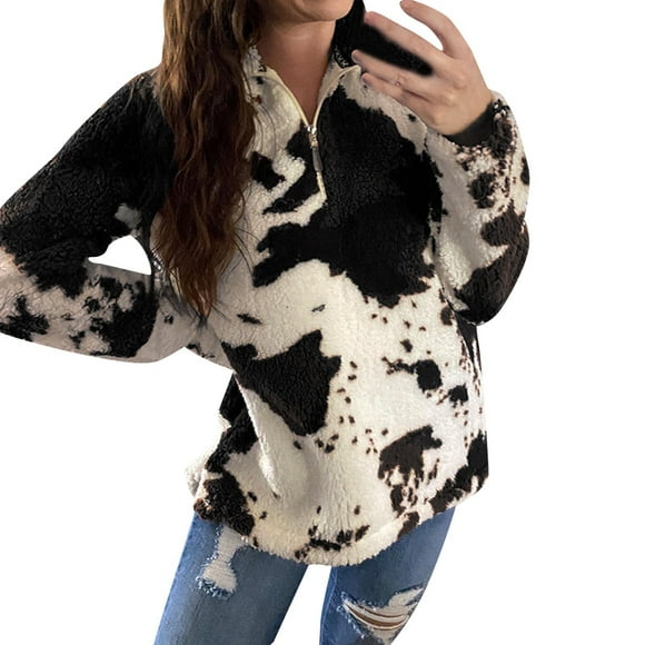 WEAIXIMIUNG Half Zip Sweatshirt Women Plus Size Women's Autumn and Winter Cow Printed Zipper Sweater Coat