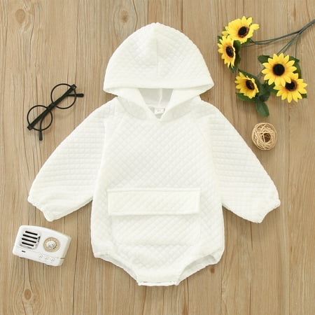 

Babys Girls Boys Solid Spring Winter Long Sleeve Hooded Pocket Romper Bodysuit Clothes White 100
