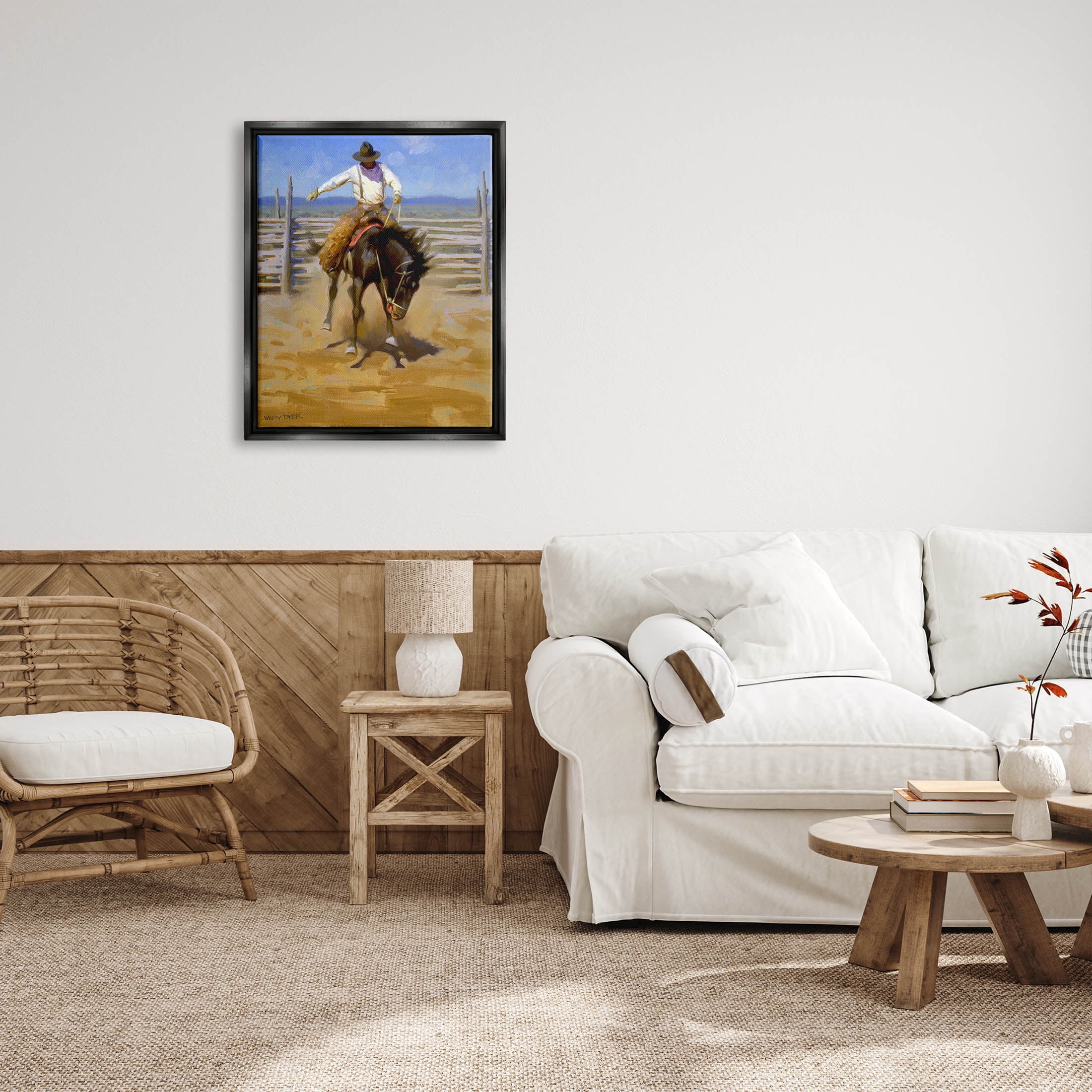 Equestrian Rodeo Horse Jockey Animals & Insects Painting Jet Black Framed Art Print Wall Art