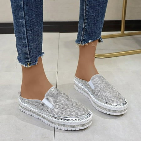 

Kayannuo Beach Sandals Clearance Slipper Woman Sandal Wedges Leisure Rhinestone Sequins Wrapped Flat Shoes with Thick Soles and Half Slippers Womens Slippers