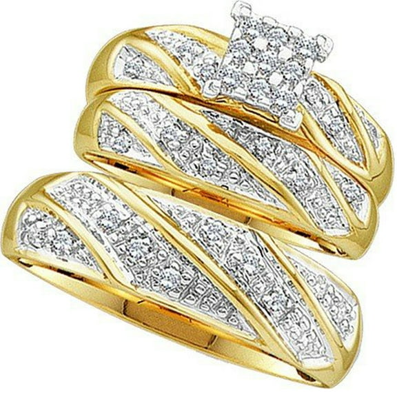 0.30 Carat (ctw) 10K Gold Round White Diamond Men & Women's Cluster Engagement Ring Trio Set 1/3 CT